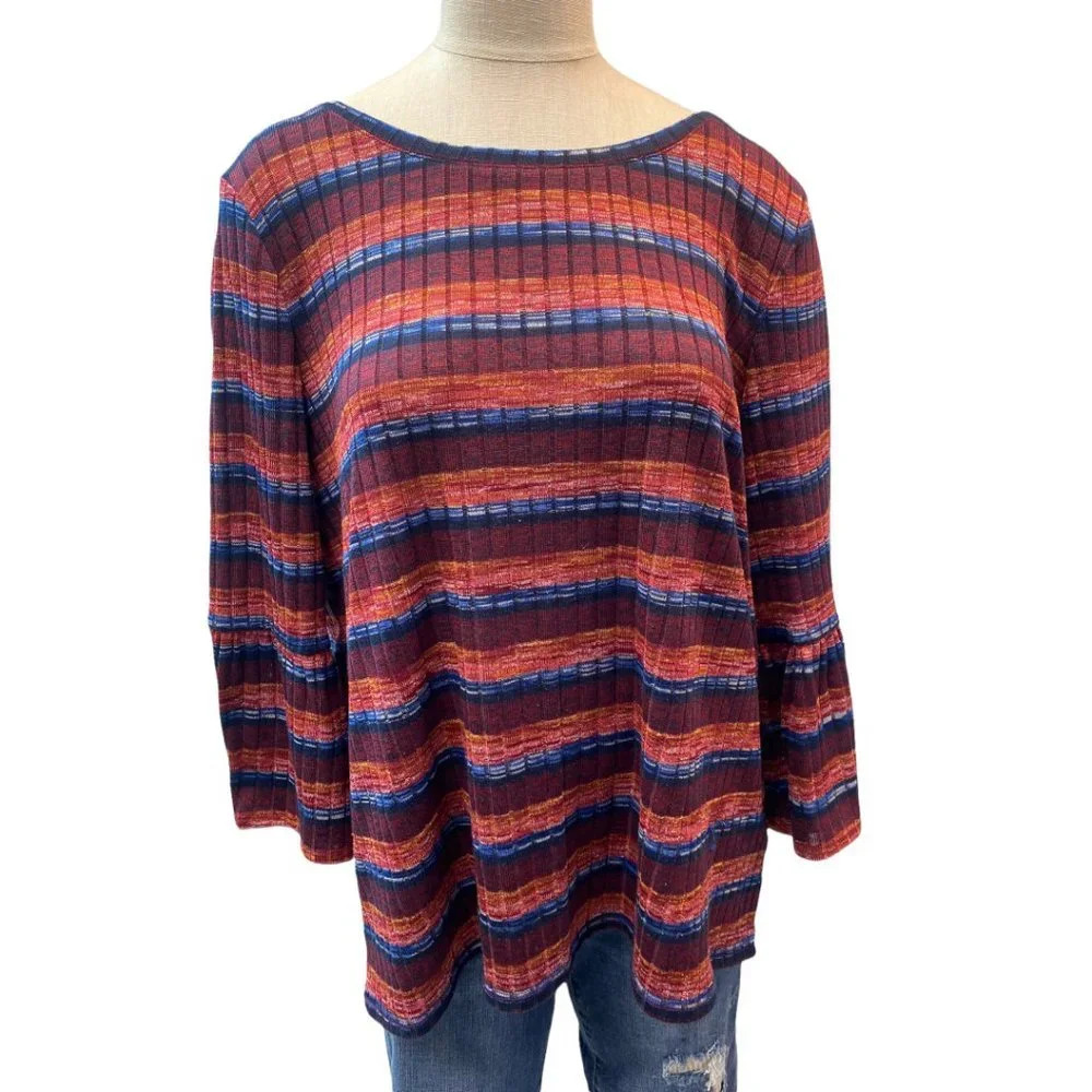 Ruby Rd‎ Womens XL Multi-Color Striped Ribbed Knit Bell Sleeve Top 61151 T6